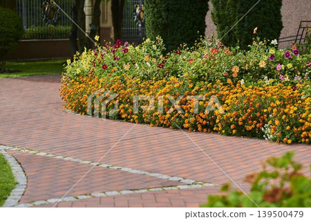 Colorful flowers lining a winding pathway in a serene garden during bright daylight 139500479