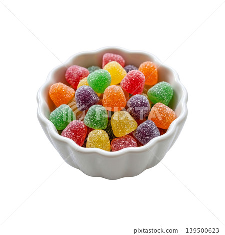 Colorful fruit jelly candy in white bowl isolated for snack advertising Colorful fruit jelly candy in white bowl isolated for snack advertising 139500623