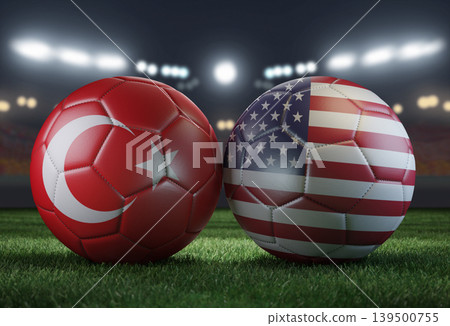 Two soccer balls in flags colors on a stadium blurred background. Turkey vs USA. 3D image. 139500755