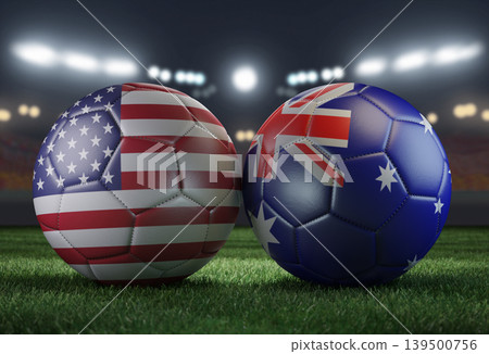 Two soccer balls in flags colors on a stadium blurred background. USA and Australia. 3D image. Two soccer balls in flags colors on a stadium blurred background. USA and Australia. 3D image. 139500756