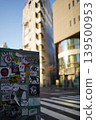A distribution panel covered in stickers against the backdrop of a city skyline. 139500953