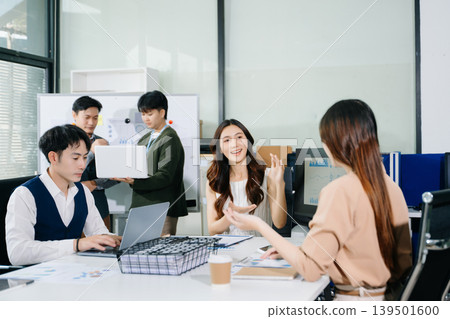 Business team discuss at meeting room. working together with laptop ,tablet and smart phone on desk Financial accountant , planner , meeting , introduction concept. 139501600