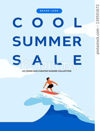 Summer Sale Banner Template with Surfer on Textured Waves | Cutout Kitschy Art Style Vector Summer Sale Banner Template with Surfer on Textured Waves | Cutout Kitschy Art Style Vector 139501672