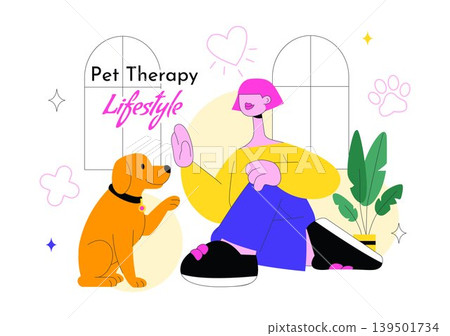 Pet Therapy Lifestyle Vector Illustration Featuring Human And Animal Bonding Mental Wellness Emotional Support and Happy Companion Design 139501734