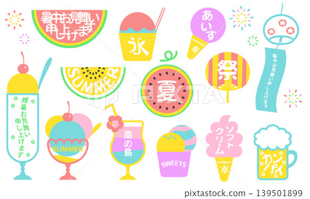 Cute frame set with summer motifs (borderless, featuring sweets, drinks, and small items) Cute frame set with summer motifs (borderless, featuring sweets, drinks, and small items) 139501899