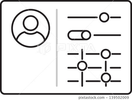Minimalist outline vector illustration representing a user account settings and configuration interface with profile avatar, sliders, toggles, and control elements, suitable for UI design, SaaS Minimalist outline vector illustration representing a user account settings and configuration interface with profile avatar, sliders, toggles, and control elements, suitable for UI design, SaaS 139502009