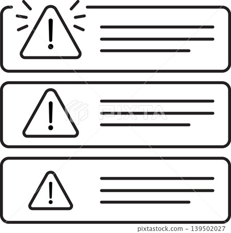 Minimalist warning alert notification list with triangular caution icons and message lines. Clean black and white outline UI element for dashboards, system alerts, error messages, and interface Minimalist warning alert notification list with triangular caution icons and message lines. Clean black and white outline UI element for dashboards, system alerts, error messages, and interface 139502027