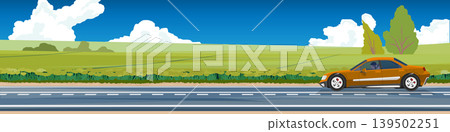 Horizontal and landscape view of sedan car driving on asphalt road. Background of green hills and trees under blue sky and white clouds at day time. Horizontal and landscape view of sedan car driving on asphalt road. Background of green hills and trees under blue sky and white clouds at day time. 139502251