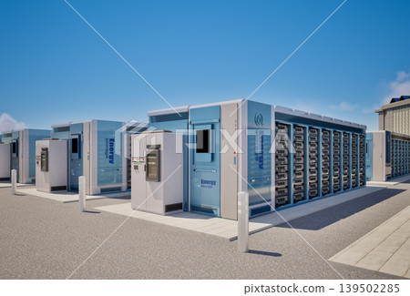 Group of energy storage systems or battery container units with blue sky background 139502285