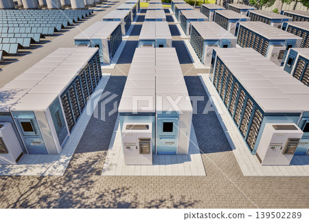 Group of energy storage systems or battery container units with solar panels Group of energy storage systems or battery container units with solar panels 139502289