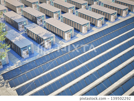 Group of energy storage systems or battery container units with solar panels 139502292