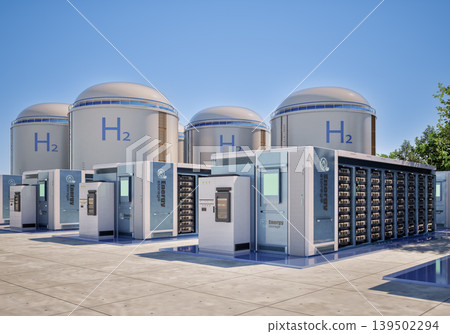Group of energy storage systems or battery container units with hydrogen tanks 139502294