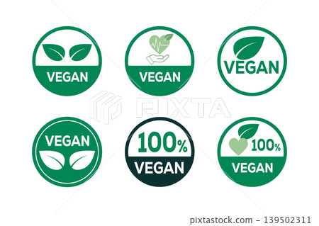 Green Vegan Badge and 100% Vegan Labels Set of Eco Friendly Leaf Icons Green Vegan Badge and 100% Vegan Labels Set of Eco Friendly Leaf Icons 139502311