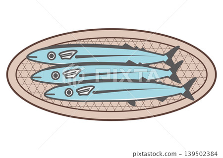 一組描繪秋刀魚盛放在籃子裡的插圖——秋天的味道。 一組描繪秋刀魚盛放在籃子裡的插圖——秋天的味道。 139502384