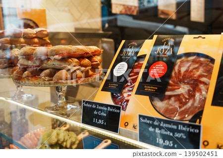 Iberian Ham Sandwiches and Spanish Deli Display in Spain Iberian Ham Sandwiches and Spanish Deli Display in Spain 139502451