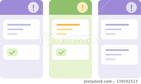 Flat vector illustration of notification status panels showing alerts, approval messages, and task validation workflow. Clean modern SaaS interface design for business and project management systems. Flat vector illustration of notification status panels showing alerts, approval messages, and task validation workflow. Clean modern SaaS interface design for business and project management systems. 139502513