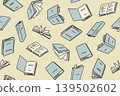 Seamless book pattern, hand-drawn style, beige background, with outlines. 139502602