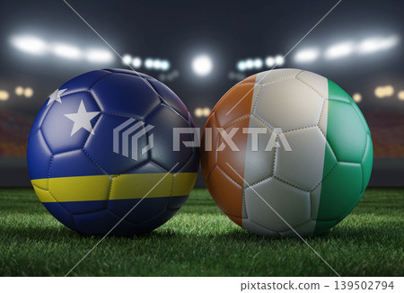 Two soccer balls in flags colors on a stadium blurred background. Curacao vs Ivory Coast. 3D image. Two soccer balls in flags colors on a stadium blurred background. Curacao vs Ivory Coast. 3D image. 139502794