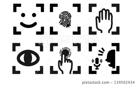 Biometric authentication icon set: Security elements for facial recognition, fingerprint recognition, and voice recognition. 139502934