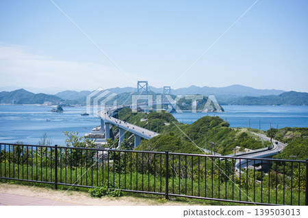 A spectacular view of the Great Naruto Bridge and the Seto Inland Sea from the observation deck of Naruto Park. A spectacular view of the Great Naruto Bridge and the Seto Inland Sea from the observation deck of Naruto Park. 139503013
