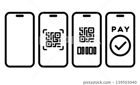 A set of vector illustrations of simple line art icons representing smartphone electronic payments. 139503040
