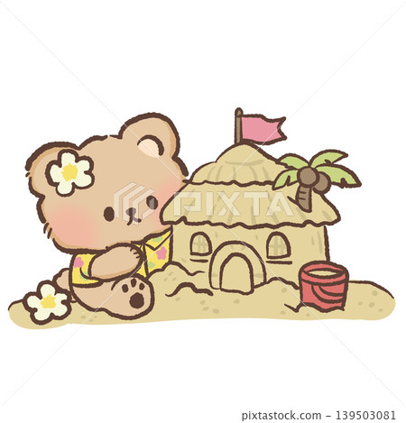 Cute tropical bear beside sandy beach hut sandcastle with bucket palm tree kawaii summer illustration Cute tropical bear beside sandy beach hut sandcastle with bucket palm tree kawaii summer illustration 139503081