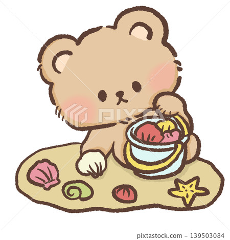 Cute kawaii bear collecting colorful seashells on sandy beach tropical summer animal clipart illustration Cute kawaii bear collecting colorful seashells on sandy beach tropical summer animal clipart illustration 139503084