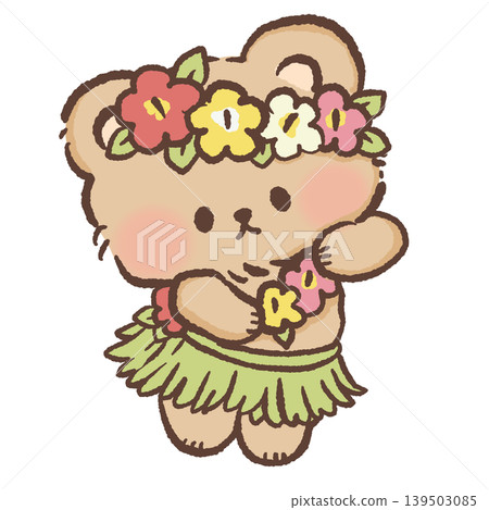 Cute kawaii bear dancing hula wearing flower crown and grass skirt tropical luau summer illustration Cute kawaii bear dancing hula wearing flower crown and grass skirt tropical luau summer illustration 139503085