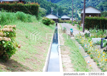 A concrete irrigation channel flowing through a rural landscape A concrete irrigation channel flowing through a rural landscape 139503165