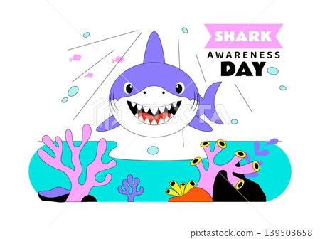 Shark Awareness Day Vector Illustration Featuring Cute Ocean Shark Marine Life Coral Reef And Underwater Conservation Theme Design 139503658