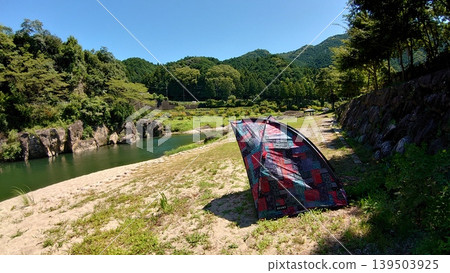 A camouflage tent watches over the campsite along the river. A camouflage tent watches over the campsite along the river. 139503925