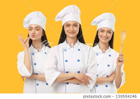 Young woman in chef outfit in three poses on yellow background Young woman in chef outfit in three poses on yellow background 139504246