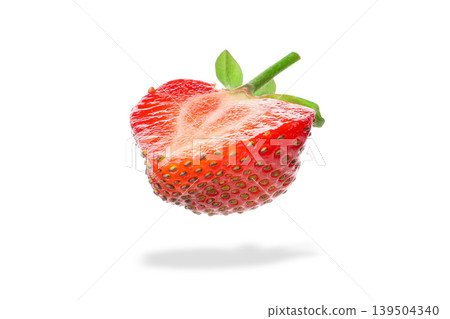Strawberry in mid-air with green leaves attached, PNG Strawberry in mid-air with green leaves attached, PNG 139504340