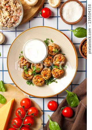 Stuffed mushrooms arranged on a plate with sauce and vegetables Stuffed mushrooms arranged on a plate with sauce and vegetables 139504358