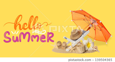 Bright umbrella and beach items create a summer scene 139504365