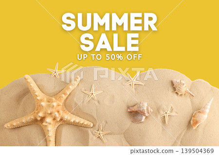 Starfish and seashells resting on sand with sale text Starfish and seashells resting on sand with sale text 139504369