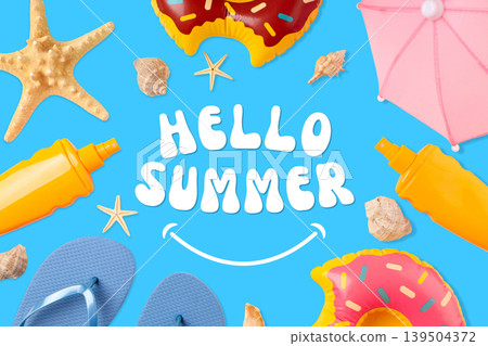 Colorful summer items with starfish and shells on blue Colorful summer items with starfish and shells on blue 139504372