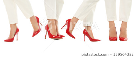 Woman displays red high heels in various poses, isolated, PNG Woman displays red high heels in various poses, isolated, PNG 139504382