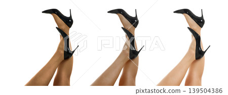 Woman shows legs wearing black high heels, isolated, PNG Woman shows legs wearing black high heels, isolated, PNG 139504386