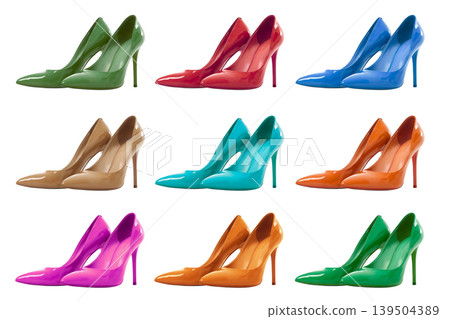 Colorful womens high heels on display, isolated, PNG Colorful womens high heels on display, isolated, PNG 139504389