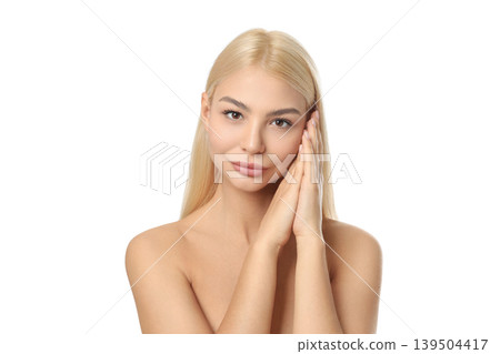 Young woman highlights her skincare routine, isolated on white, PNG Young woman highlights her skincare routine, isolated on white, PNG 139504417