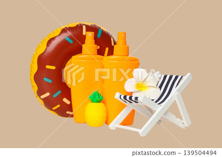 Sunscreen bottles with a donut float and a chair 139504494