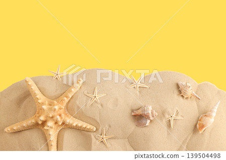 Colorful seashells and starfish on sandy surface Colorful seashells and starfish on sandy surface 139504498