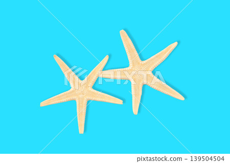 Two starfish on a bright blue surface, ideal for summer themes Two starfish on a bright blue surface, ideal for summer themes 139504504