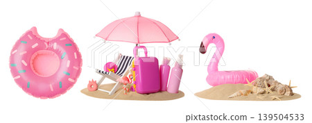 Pink inflatable items and beach supplies on sand, PNG Pink inflatable items and beach supplies on sand, PNG 139504533