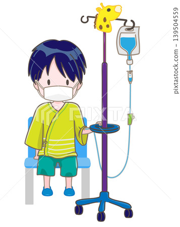 A child sitting in a chair with an IV drip in their left arm, facing forward, wearing a mask. 139504559