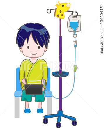 A child sitting in a chair with an IV drip in their left arm, holding a tablet and appearing to be enjoying themselves. A child sitting in a chair with an IV drip in their left arm, holding a tablet and appearing to be enjoying themselves. 139504574