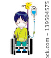 A child sitting in a wheelchair with an IV drip in their left arm, facing forward; wearing a mask. 139504575