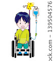 A child sitting in a wheelchair with an IV drip in their left arm, appearing to be chatting. 139504576