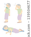 A set of illustrations depicting a senior woman suffering from heatstroke. 139504677